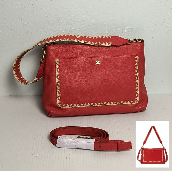 Lucky Brand Cori Stitch Shoulder Bag Genuine Leather Double Straps Coral Red Csl - Picture 1 of 16